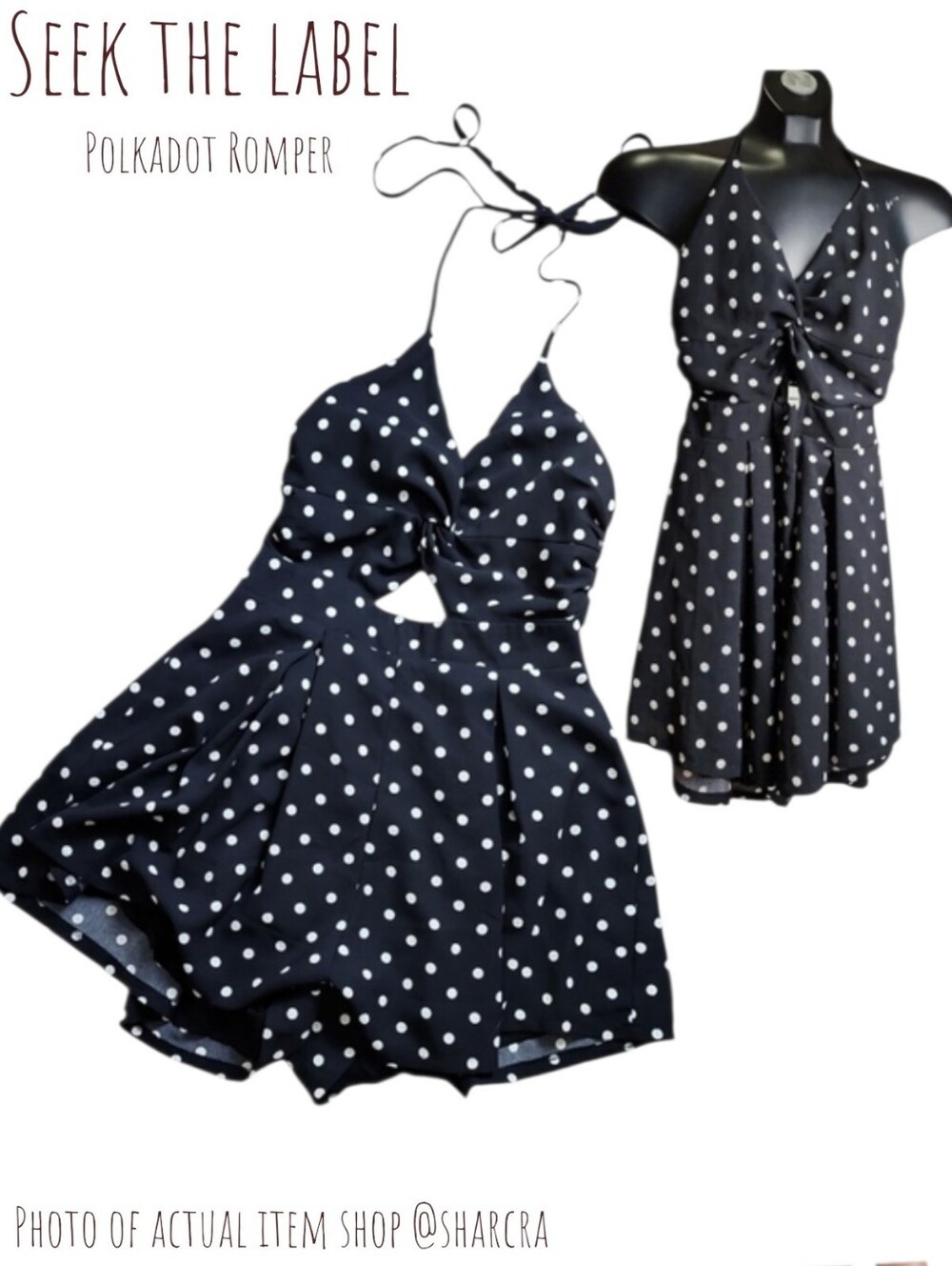Seek the Label Australia Women's Polkadot Romper Halter Open Back Black White S